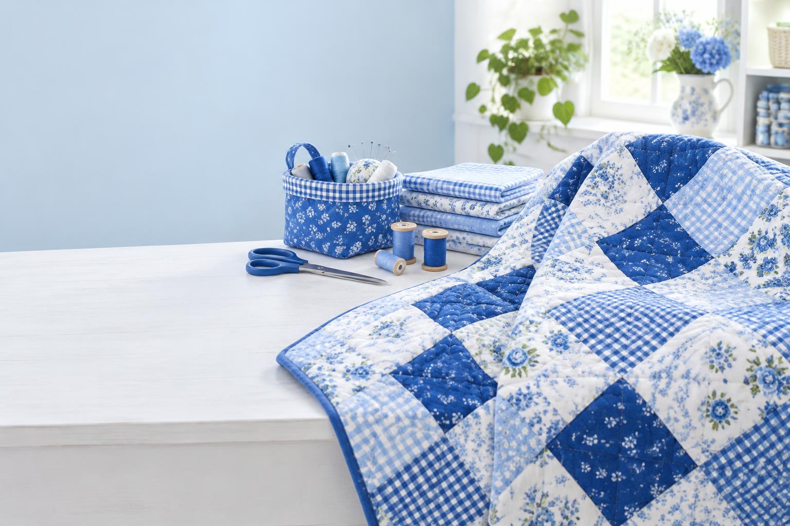 Blue and white patchwork quilt, handmade fabric basket, and sewing supplies in a sunlit studio